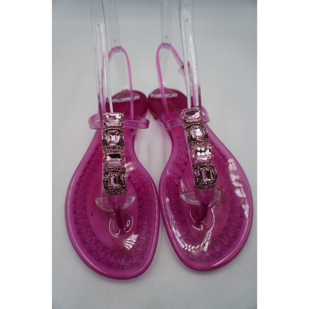 Casadei Pink Crystal Embellished Chain Decor Shiny PVC Jelly T-Bar Sandal Sz 39 - Picture 7 of 8
